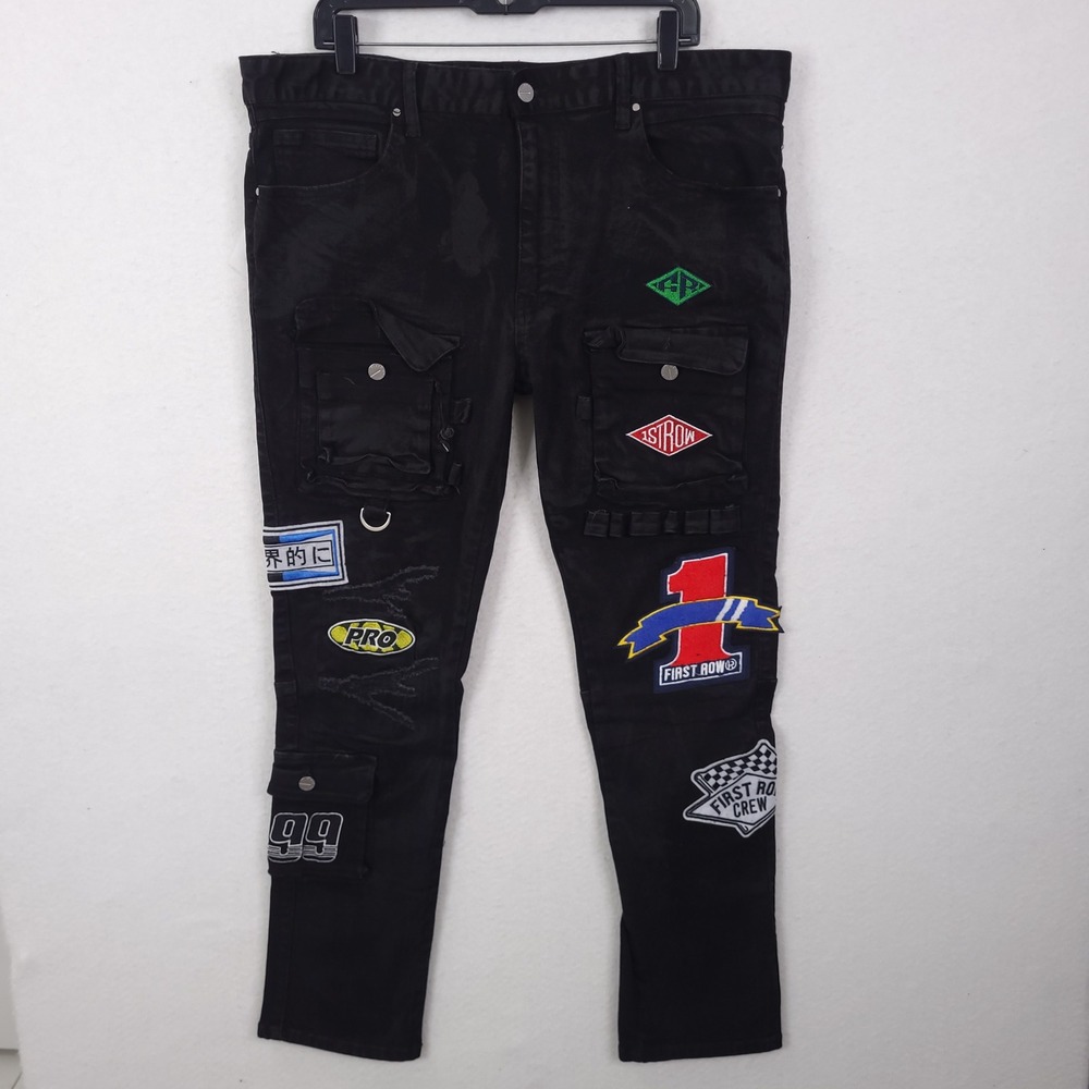 First Row Cargo Jeans Mens 38x32 Black Patchwork Streetwear Racing Edgy Biker